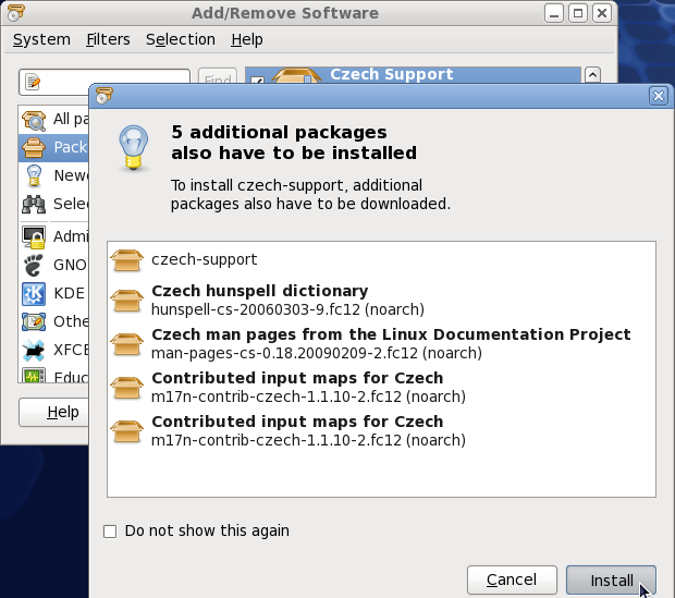 Installing the Czech Support package group