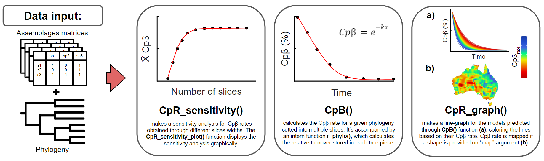 Figure 2: This figure provide illustrated examples of the available functions for calculating rates of accumulation of phylogenetic indexes, assessing their most parsimonious number of slices to model these rates (i.e., sensitivity analysis), and presenting their graphical outputs. The figure demonstrates the functions for obtaining only the rates of accumulations of phygeloenetic β-diversity (Cpβ) as an example, but these rates can also be applied to other phylogenetic indexes (for more details, see treesliceR CRAN).