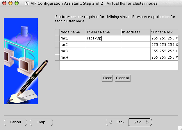 VIP Configuration Assistant: Virtual IPs for Cluster Nodes window