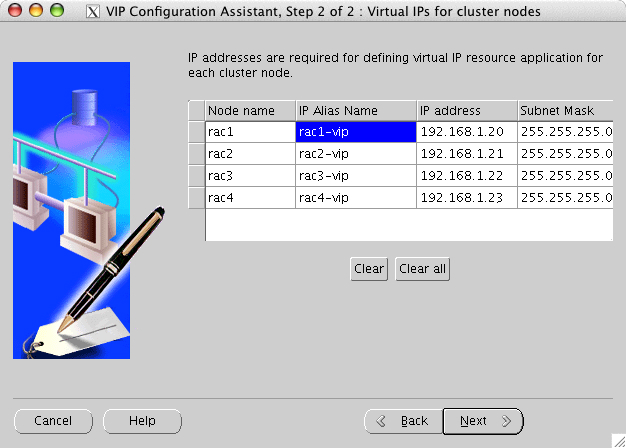 VIP Configuration Assistant: Virtual IPs for Cluster Nodes window