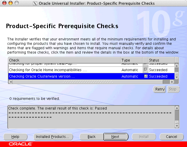 Oracle Universal Installer: Product-Specific Prerequisite Checks window